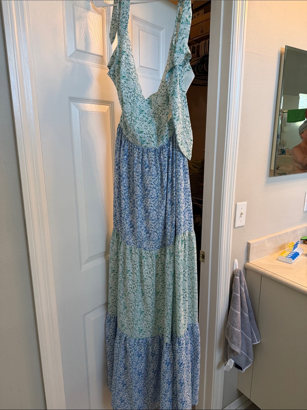 Bella and Bloom Life in Color Green and Blue Floral V-Neck Tiered Maxi Dress
